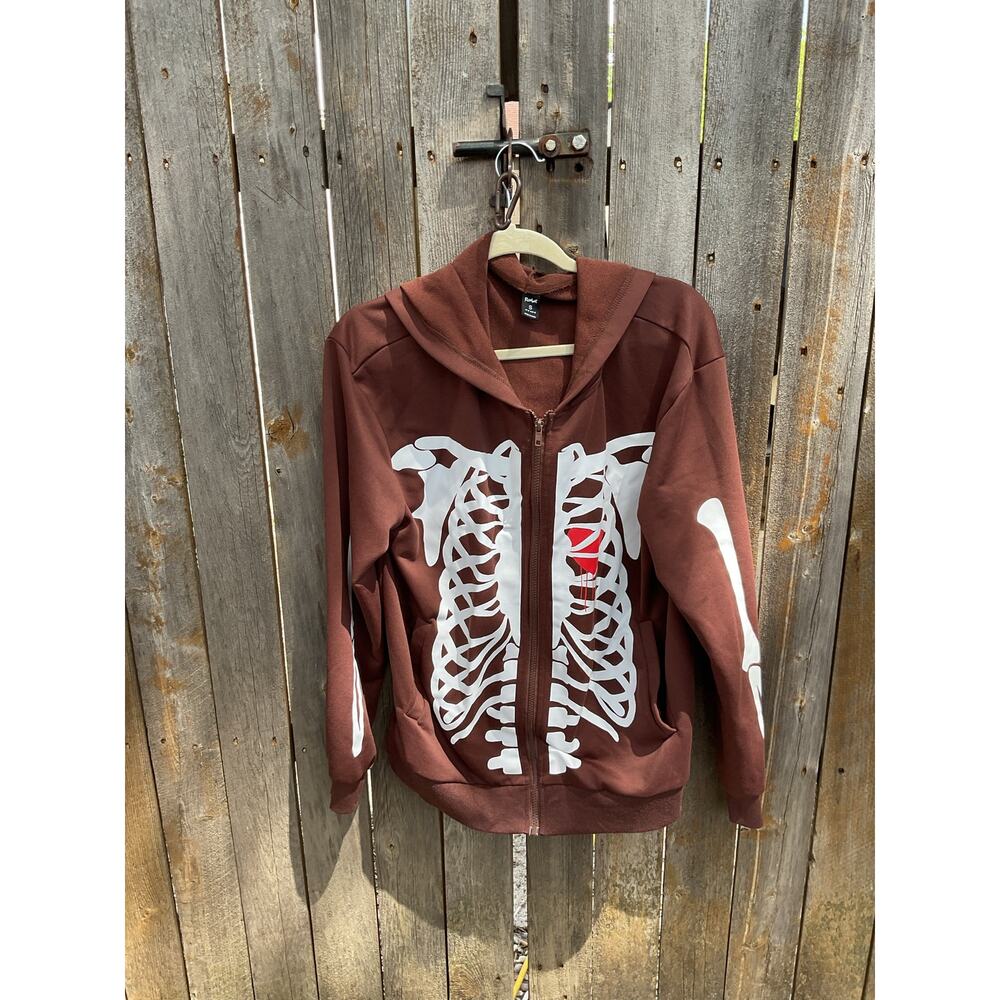Romwe Brown Front Zipper Skeleton Hoodie  Sz Sm